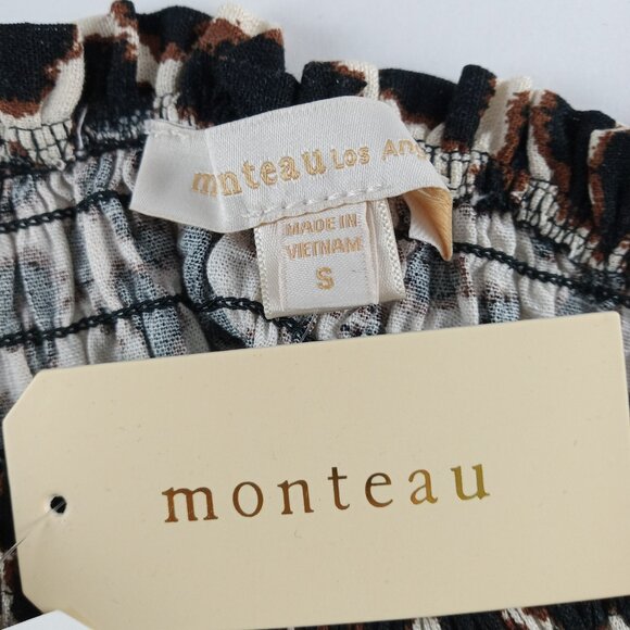 Monteau Puff Sleeve Smocked Crop Top Women's Size S Leopard Print Linen Blend - Picture 8 of 8
